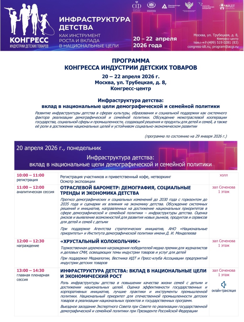 Программа Конгресса индустрии детских товаров (20–22 апреля 2026 г.)